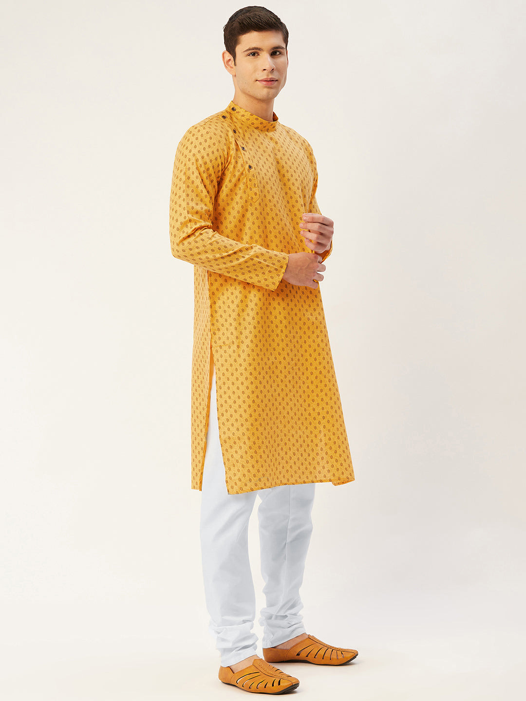 Jompers Men's Mustard Cotton printed kurta Only