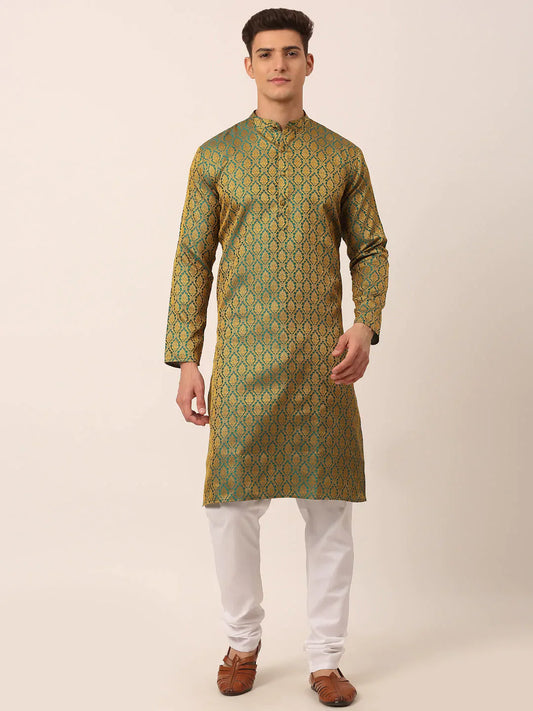 Jompers Men's Woven Design Jacquard Kurta Pyjama - Green