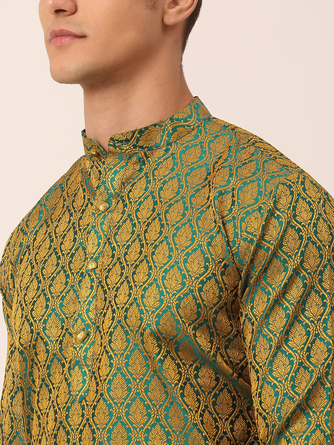 Jompers Men's Woven Design Jacquard Kurta Pyjama - Green