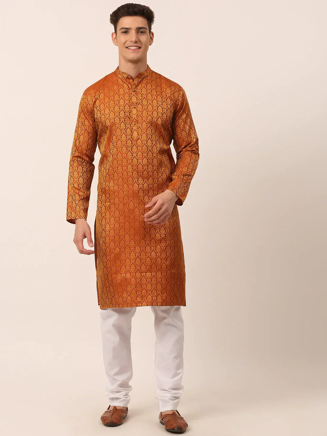 Jompers Men's Woven Design Jacquard Kurta Pyjama - Maroon