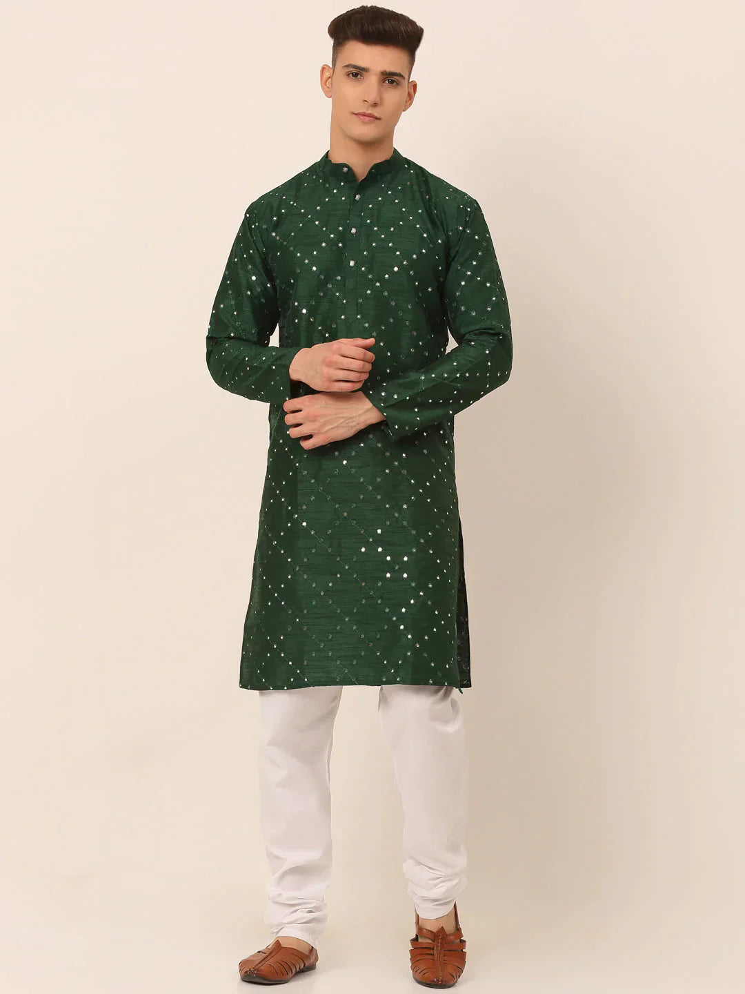 Jompers Men's Green Mirror Work Kurta Pyjama