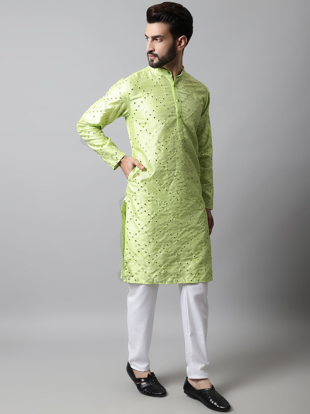 Jompers Men's Lime Green Embroidered Mirror Work Dupion Silk Kurta with Pyjamas