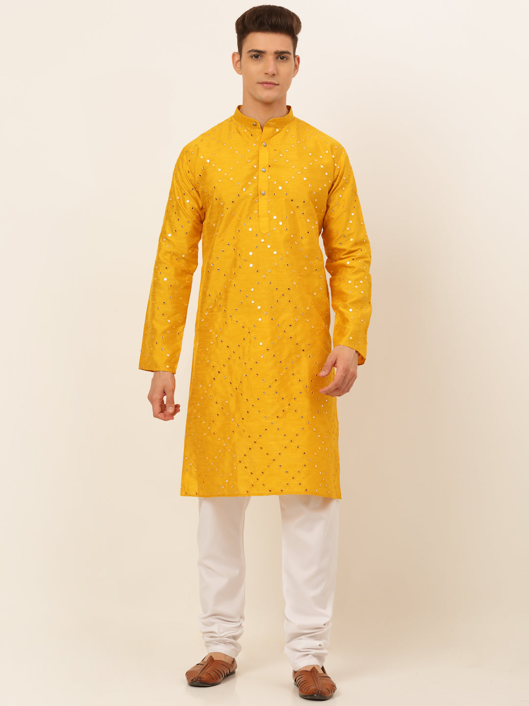 Jompers Men's Dupion Silk Embroidered Kurta Pyjama Set - Mustard