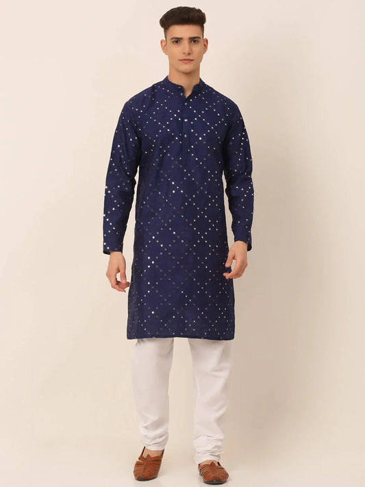 Jompers Men's Navy Blue Mirror Work Kurta Pyjama