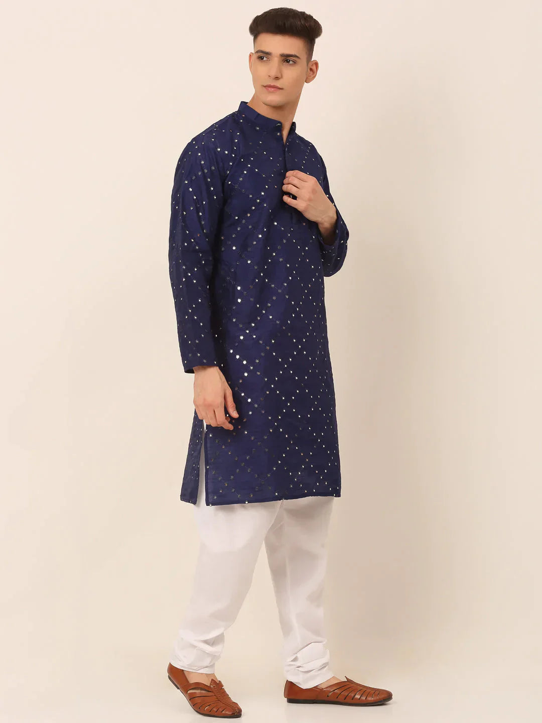 Jompers Men's Navy Blue Mirror Work Kurta Pyjama