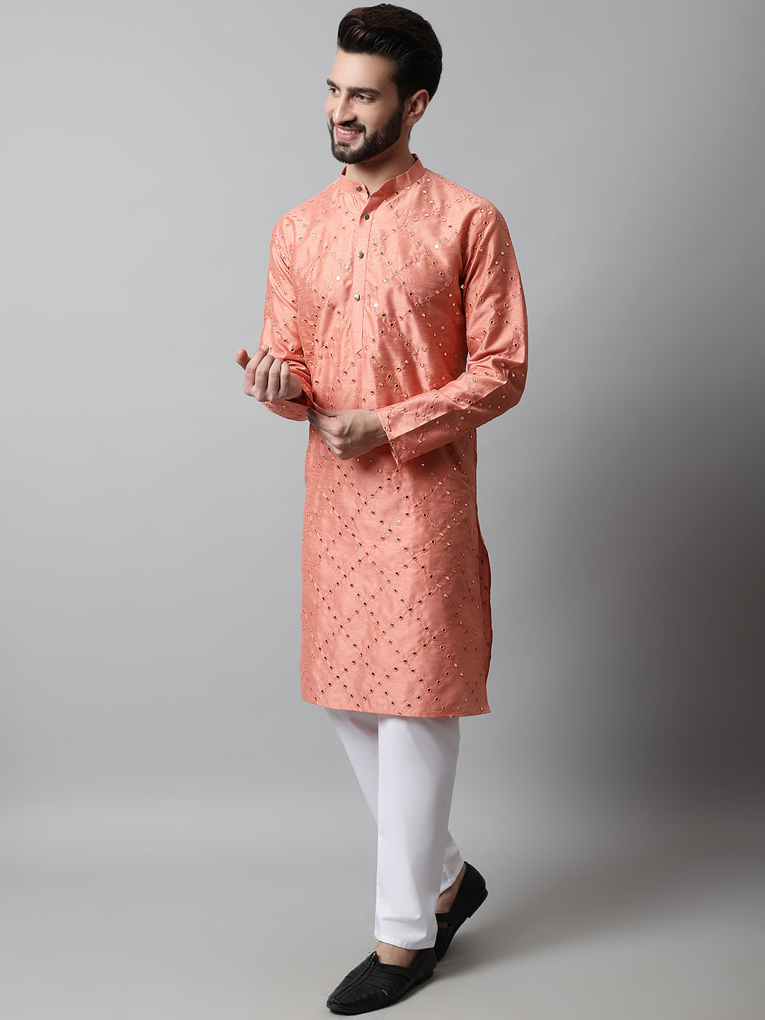 Jompers Men's Peach Embroidered Mirror Work Dupion Silk Kurta with Pyjamas