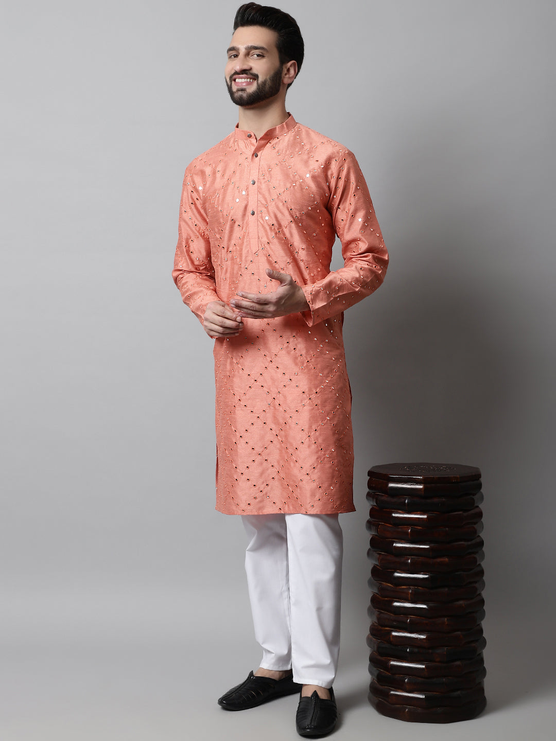 Jompers Men's Peach Embroidered Mirror Work Dupion Silk Kurta with Pyjamas