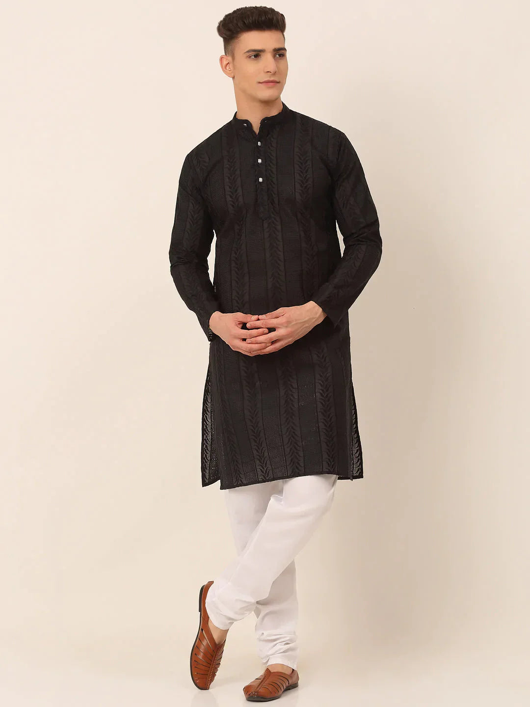 Jompers Men's Pure Cottom Embroidered Kurta Pyjama Set - Black