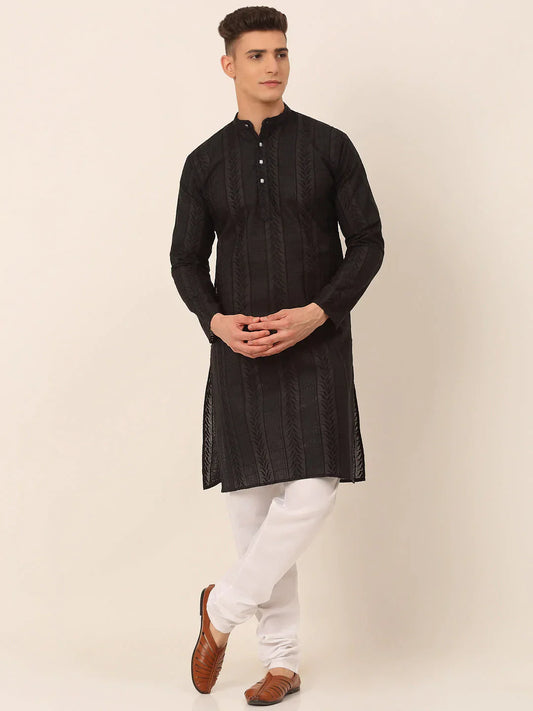 Jompers Men's Pure Cottom Embroidered Kurta Pyjama Set - Black