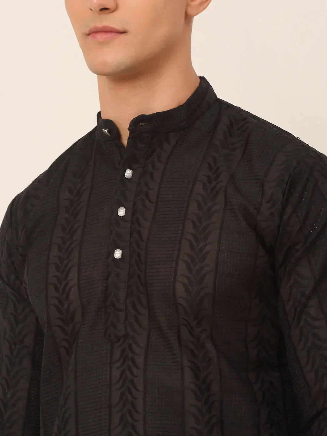 Jompers Men's Pure Cottom Embroidered Kurta Pyjama Set - Black