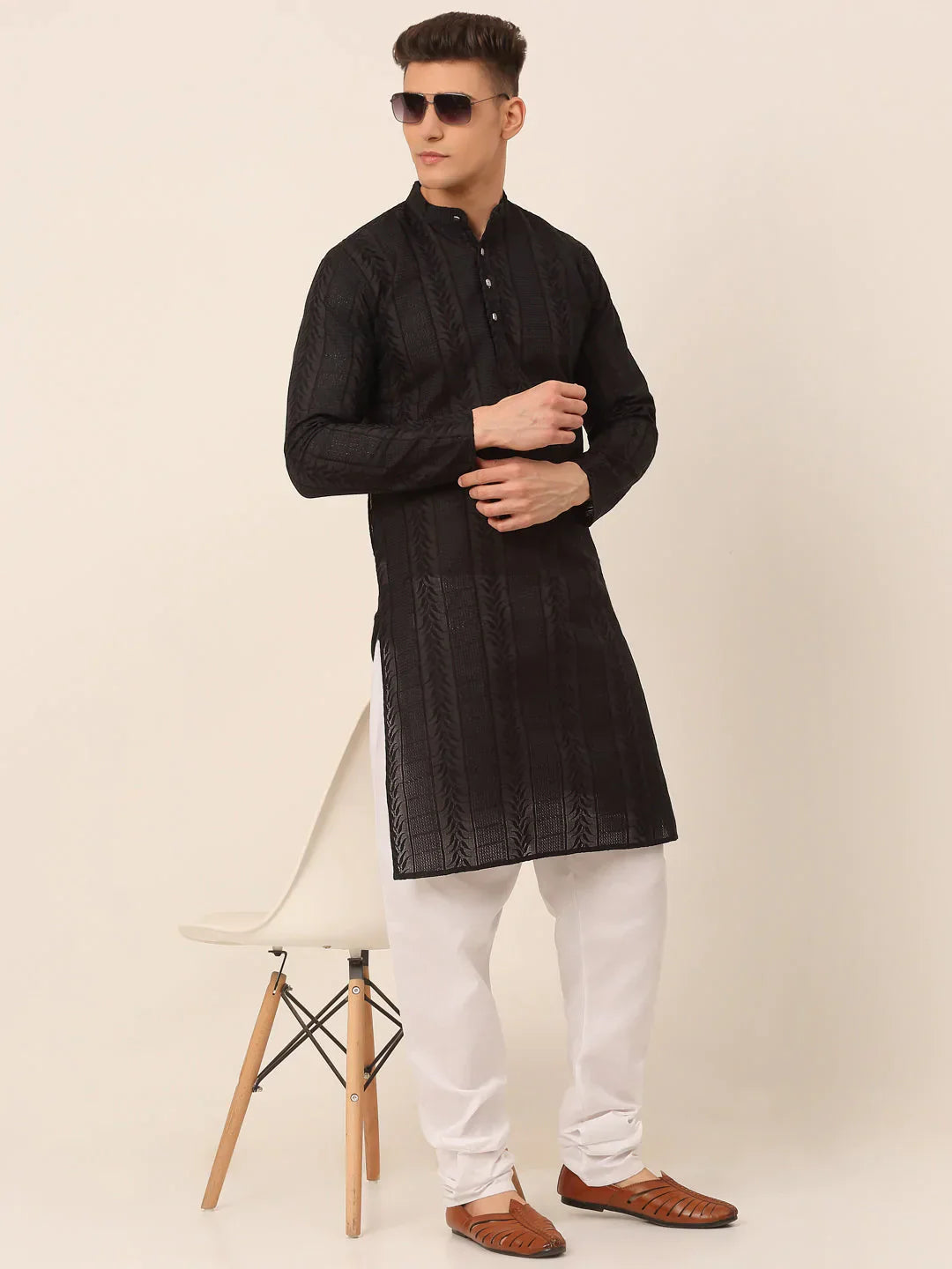Jompers Men's Pure Cottom Embroidered Kurta Pyjama Set - Black