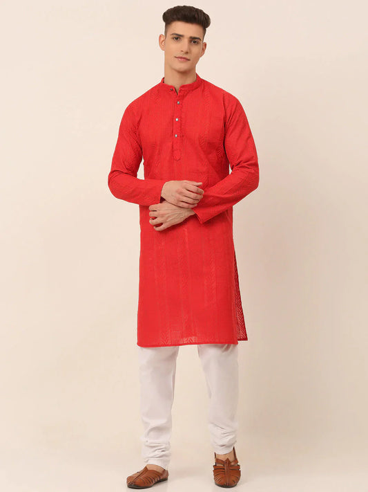Jompers Men's Pure Cottom Embroidered Kurta Pyjama Set - Red