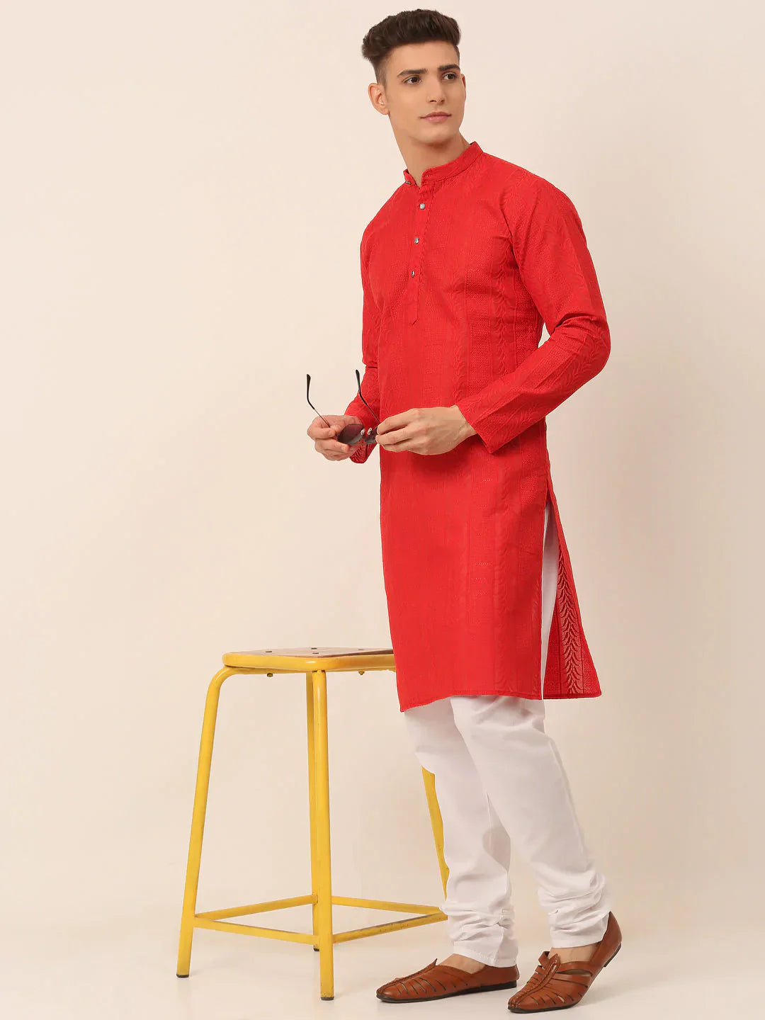 Jompers Men's Pure Cottom Embroidered Kurta Pyjama Set - Red