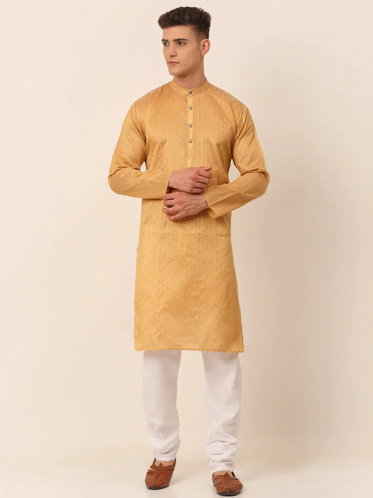 Jompers Men's Silk Blend Sequence Embroidered Kurta Pyjama Set - Beige
