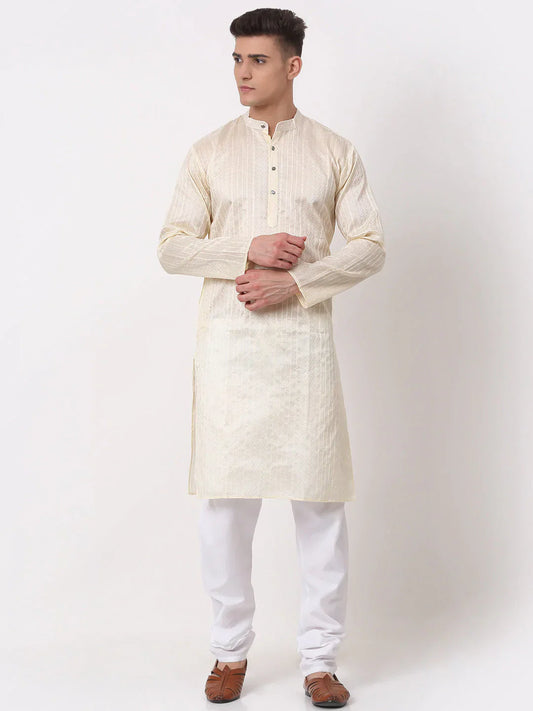 Jompers Men's Silk Blend Sequence Embroidered Kurta Pyjama Set - Cream