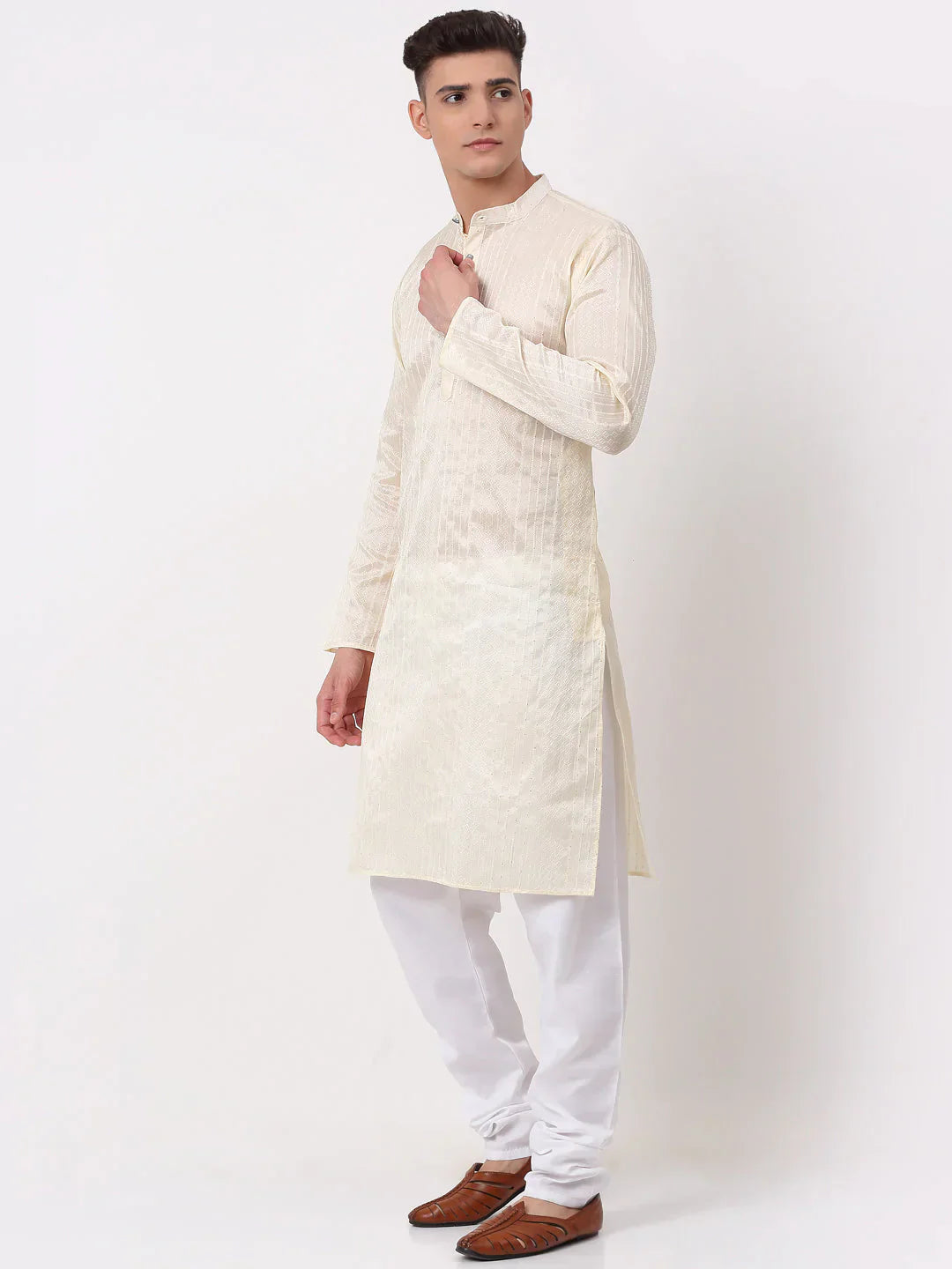 Jompers Men's Silk Blend Sequence Embroidered Kurta Pyjama Set - Cream