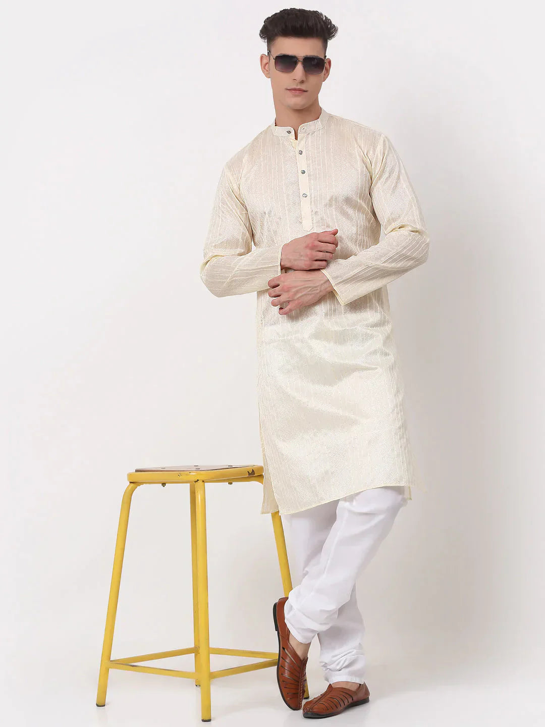 Jompers Men's Silk Blend Sequence Embroidered Kurta Pyjama Set - Cream