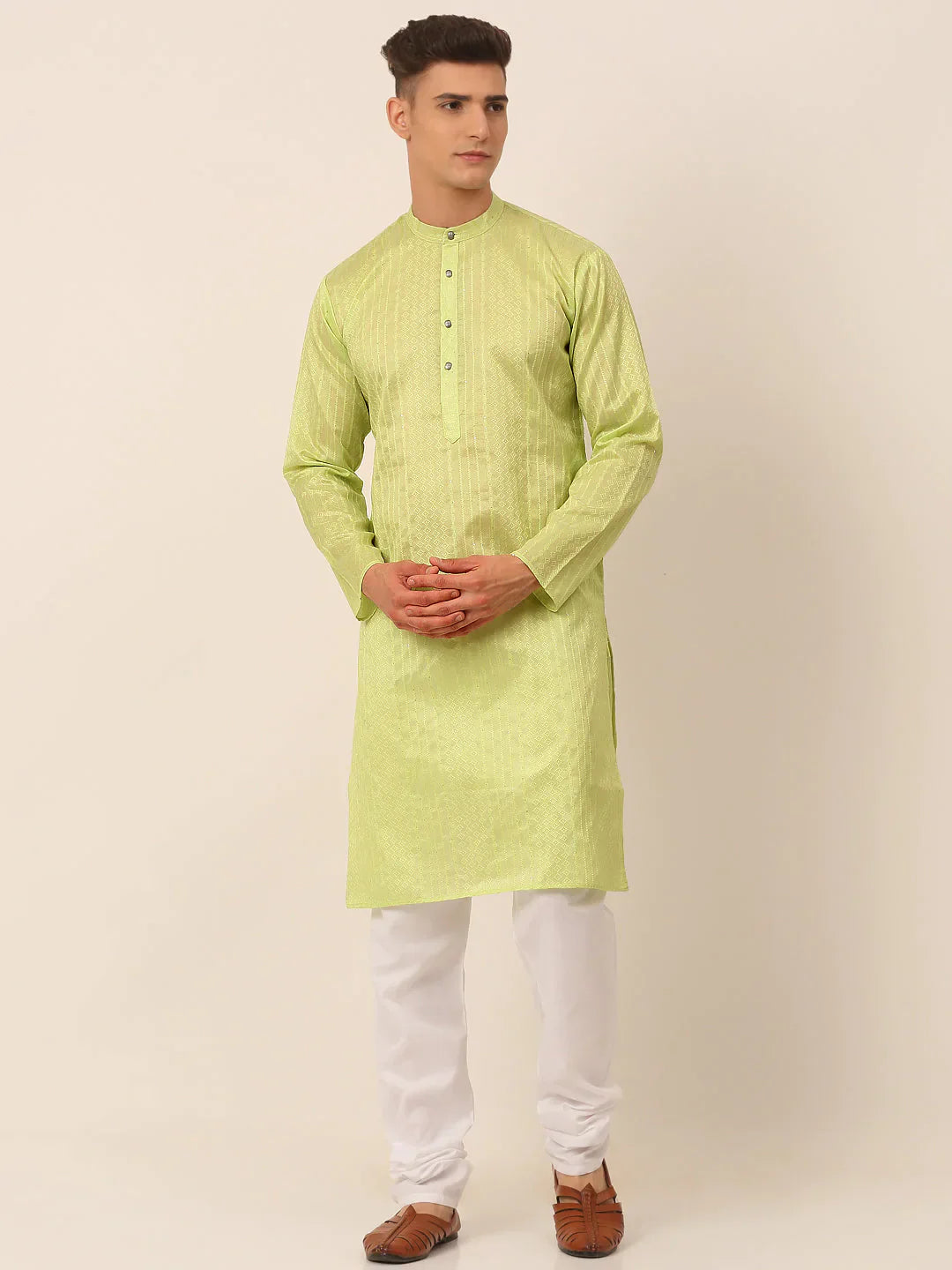 Jompers Men's Silk Blend Sequence Embroidered Kurta Pyjama Set - Green