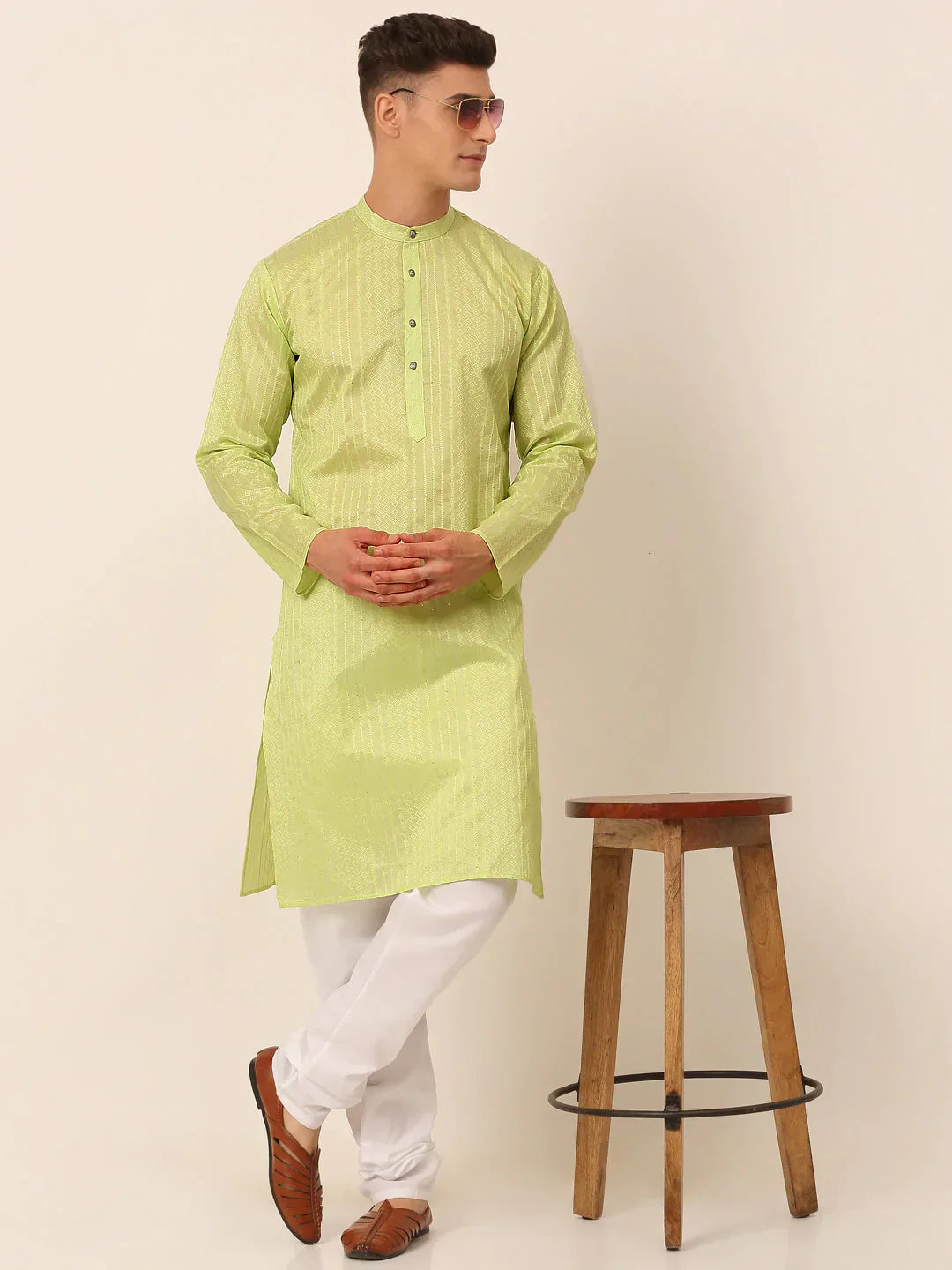 Jompers Men's Silk Blend Sequence Embroidered Kurta Pyjama Set - Green