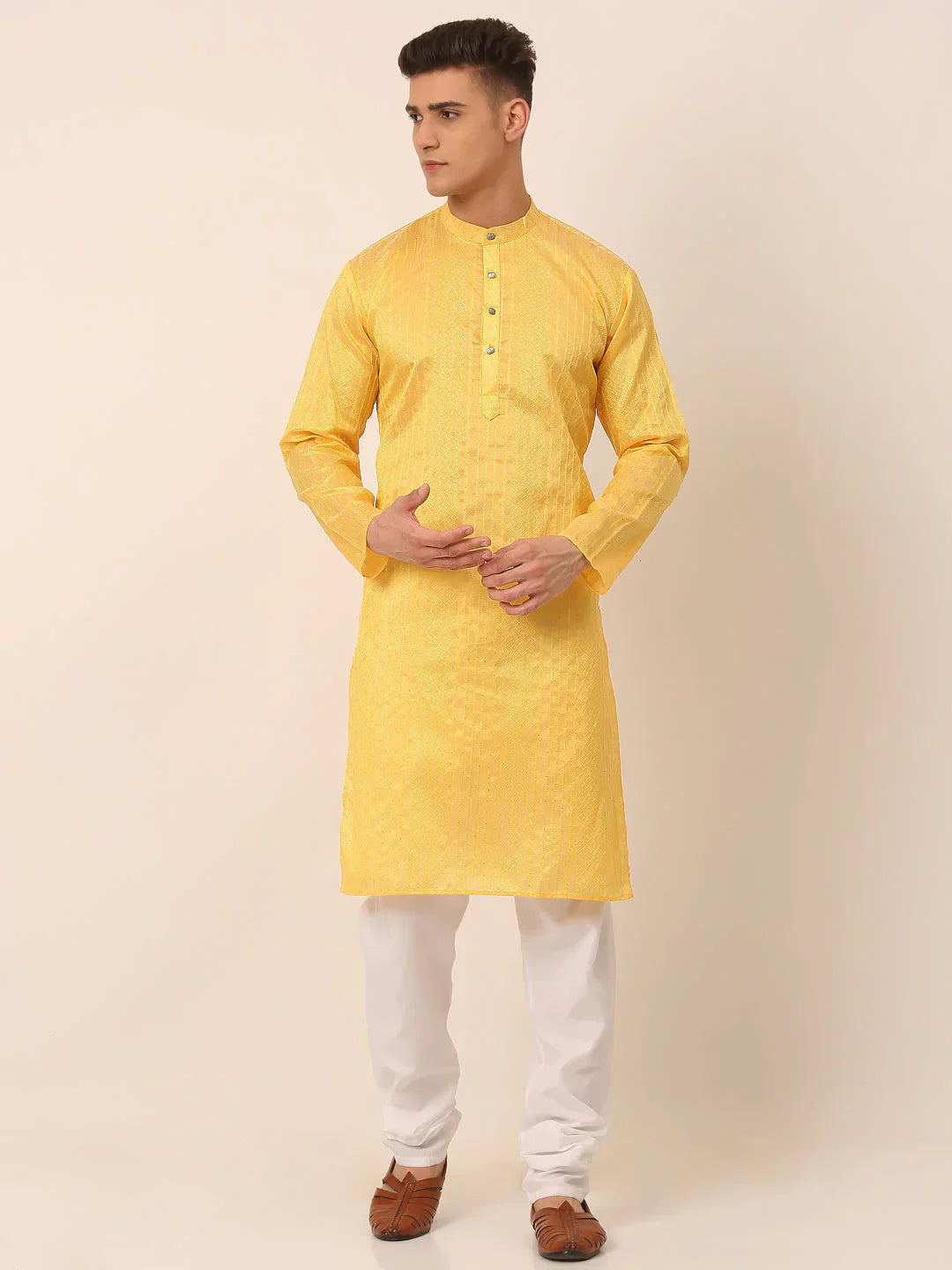 Jompers Men's Silk Blend Sequence Embroidered Kurta Pyjama Set - Yellow