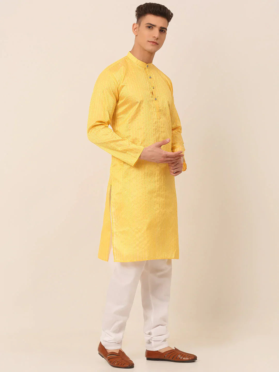 Jompers Men's Silk Blend Sequence Embroidered Kurta Pyjama Set - Yellow