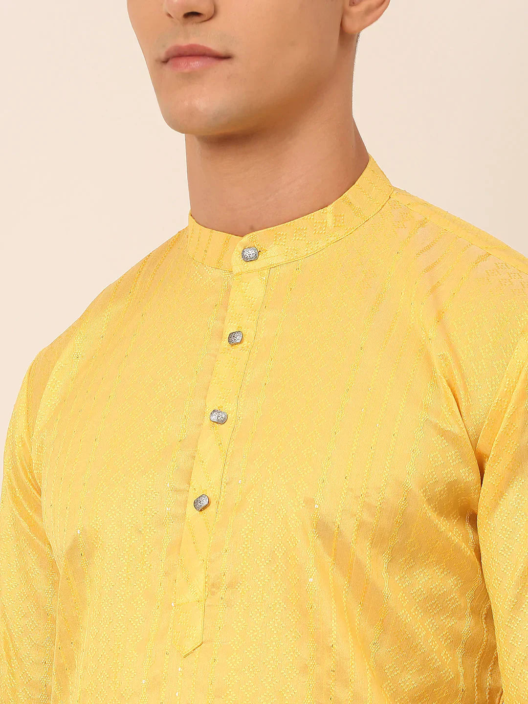 Jompers Men's Silk Blend Sequence Embroidered Kurta Pyjama Set - Yellow