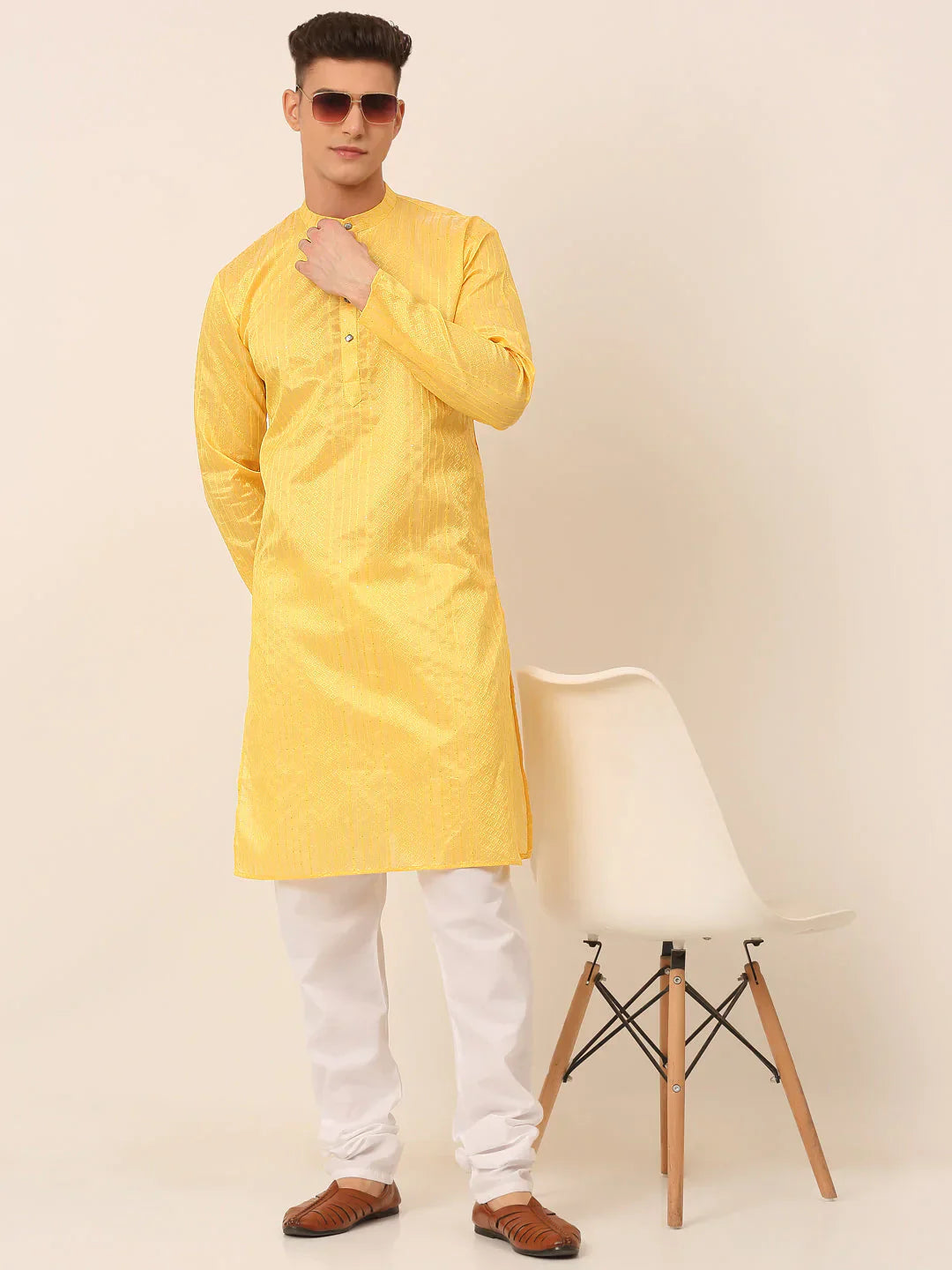 Jompers Men's Silk Blend Sequence Embroidered Kurta Pyjama Set - Yellow
