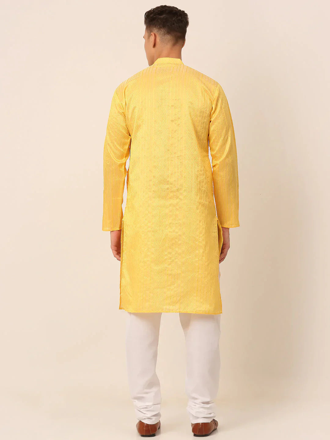 Jompers Men's Silk Blend Sequence Embroidered Kurta Pyjama Set - Yellow