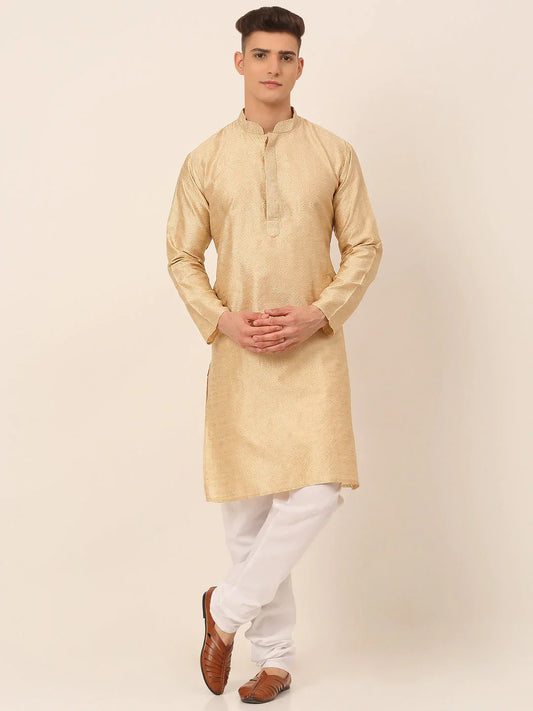Jompers Men's Silk Blend Collar Embroidered Kurta Pyjama Set - Beige
