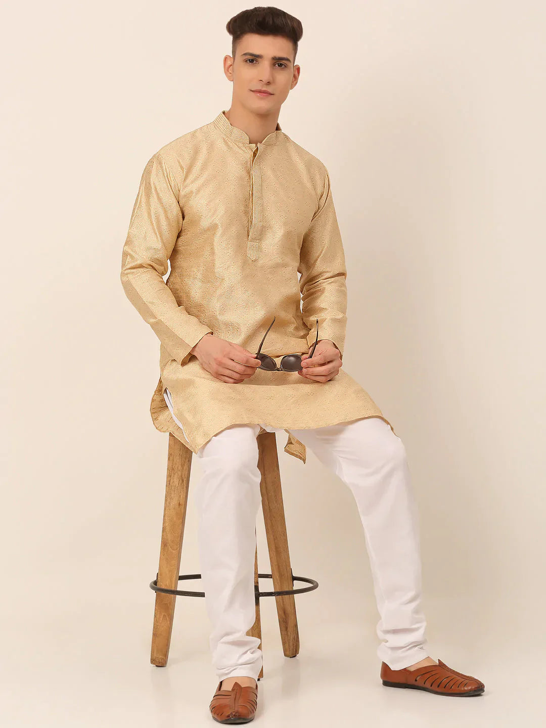 Jompers Men's Silk Blend Collar Embroidered Kurta Pyjama Set - Beige