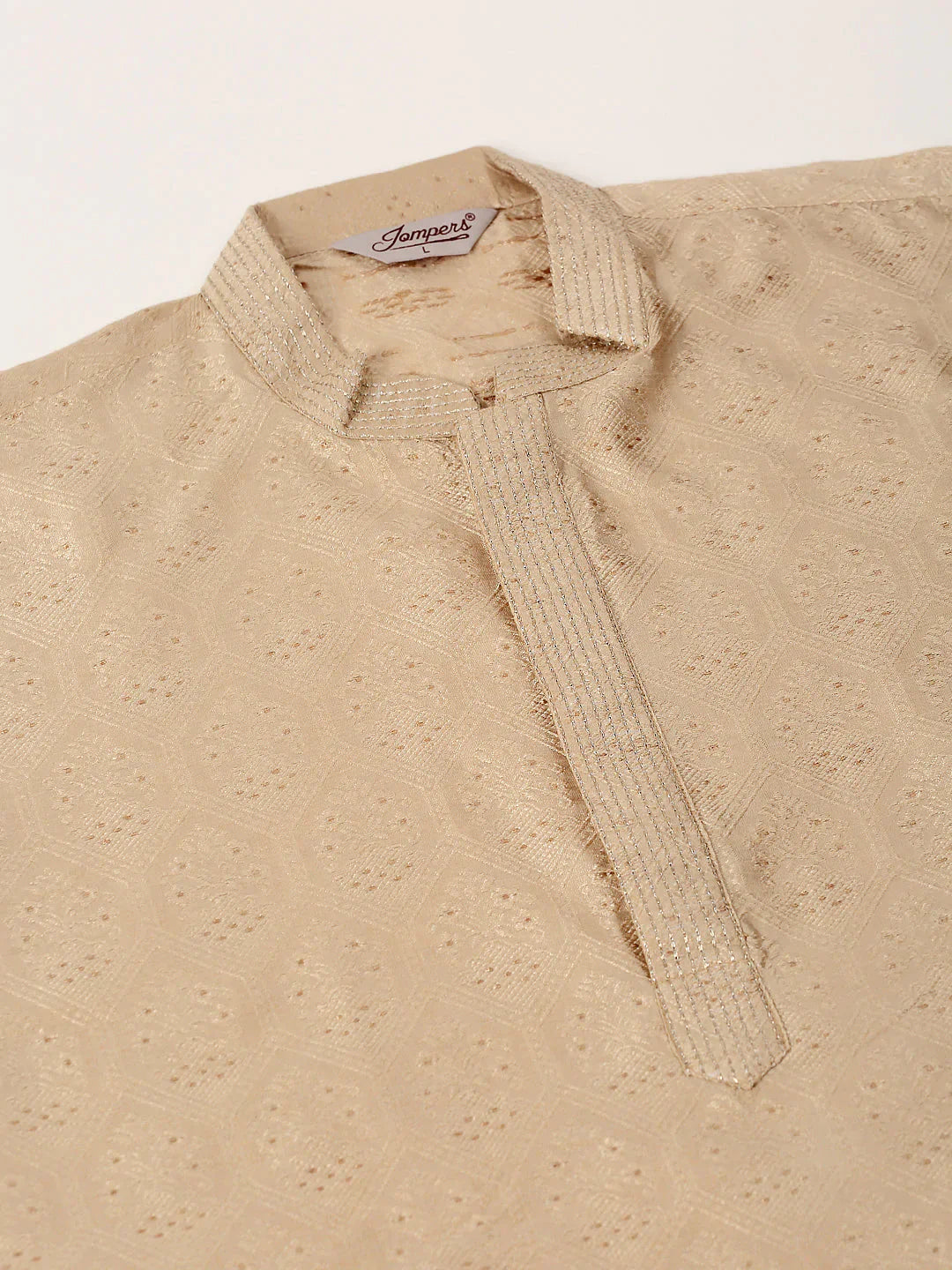 Jompers Men's Silk Blend Collar Embroidered Kurta Pyjama Set - Beige