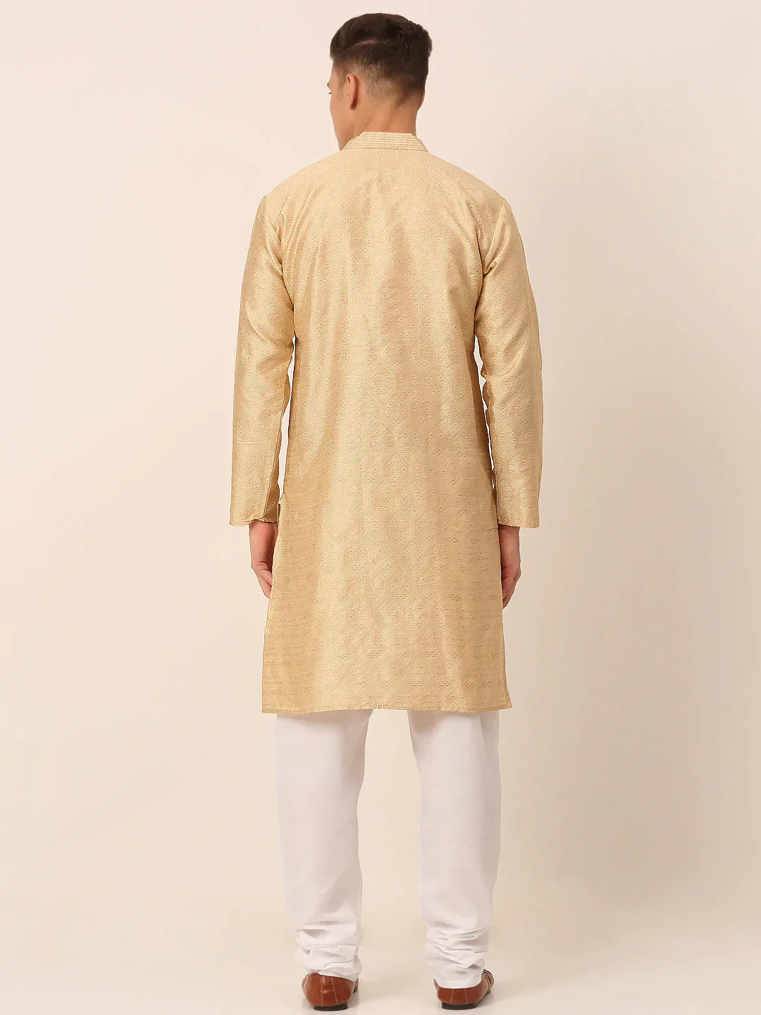 Jompers Men's Silk Blend Collar Embroidered Kurta Pyjama Set - Beige