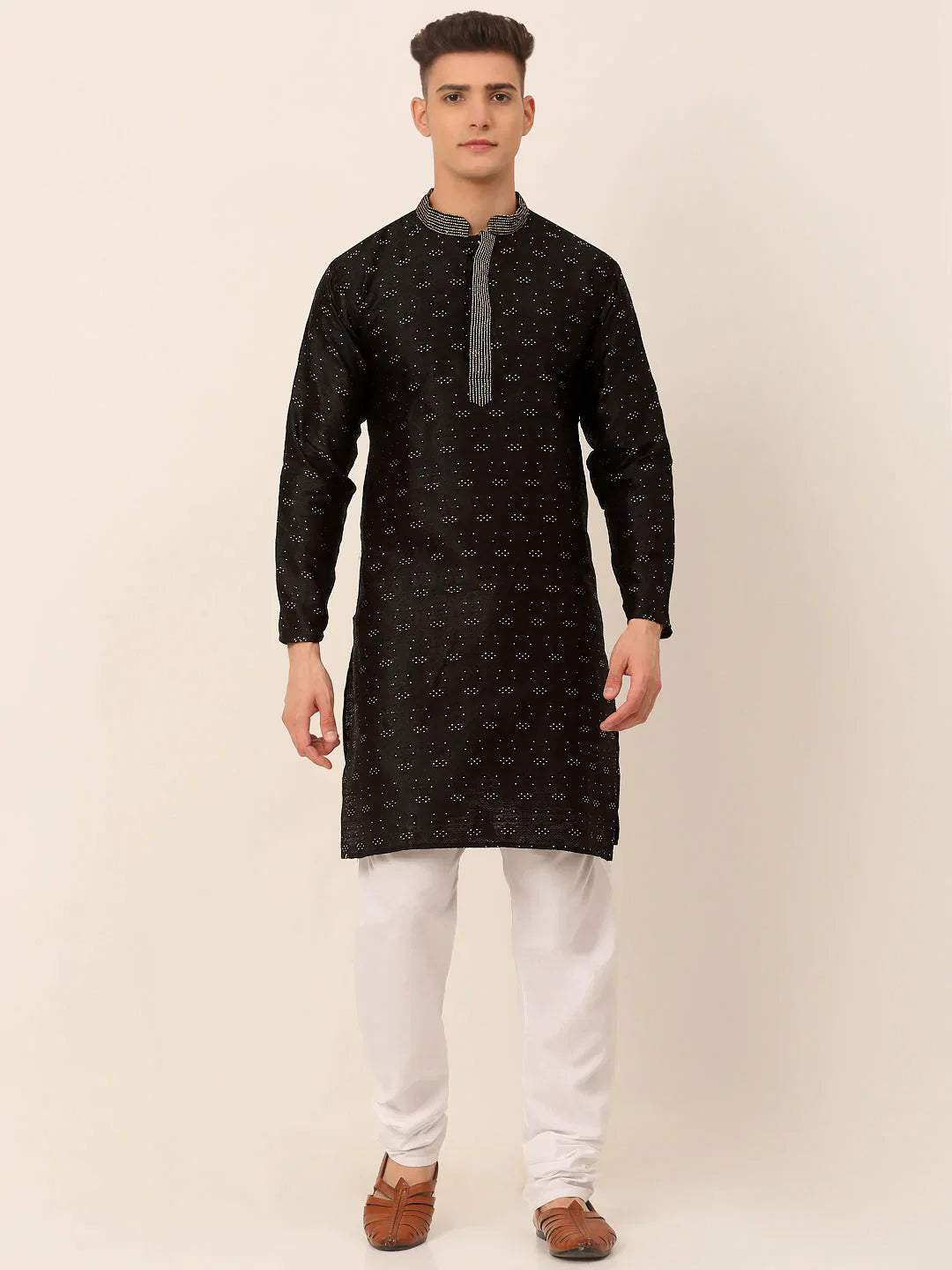 Jompers Men's Silk Blend Collar Embroidered Kurta Pyjama Set - Black