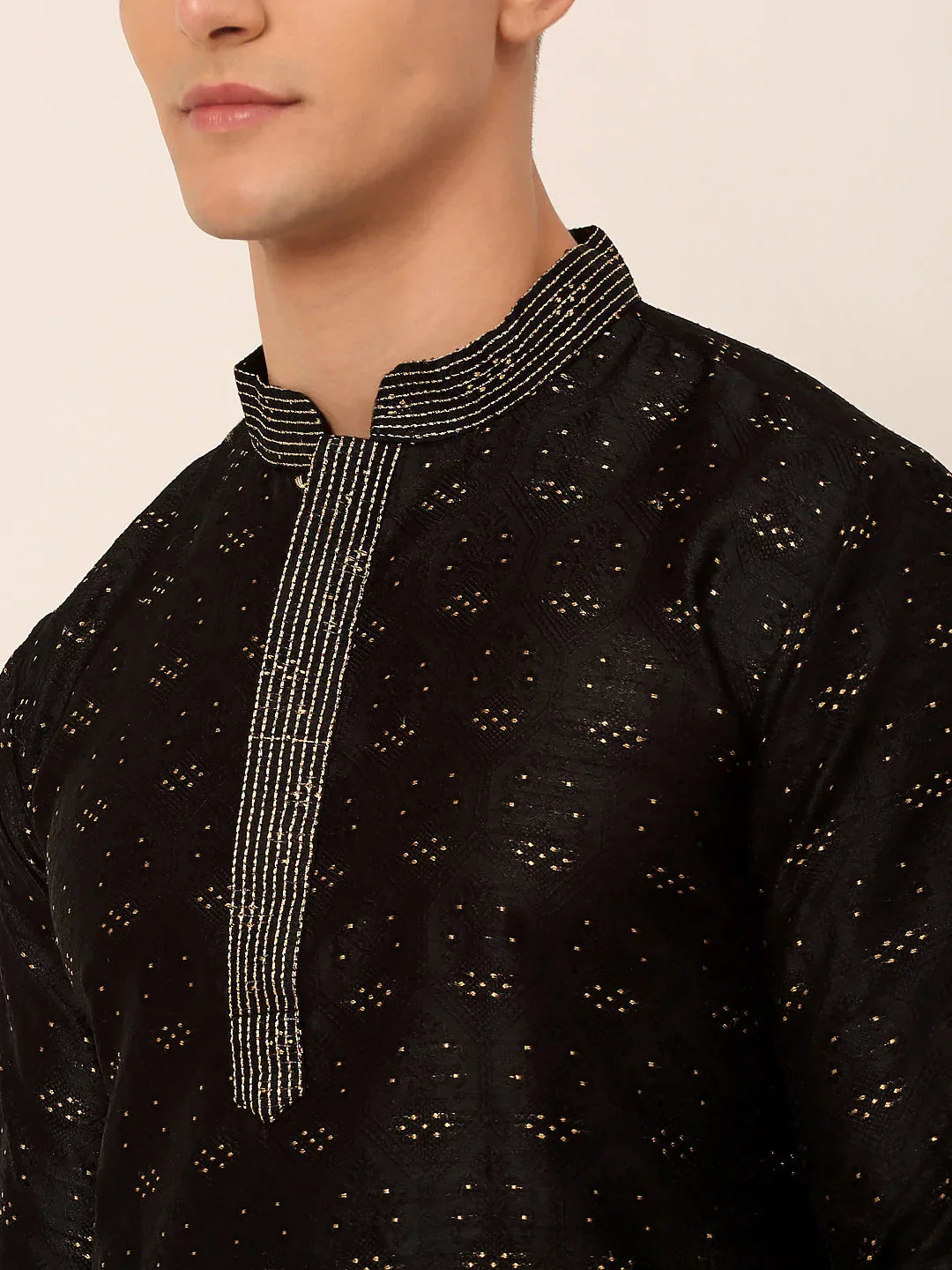 Jompers Men's Silk Blend Collar Embroidered Kurta Pyjama Set - Black