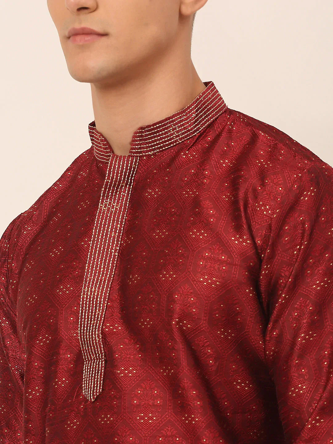 Jompers Men's Silk Blend Collar Embroidered Kurta Pyjama Set - Maroon