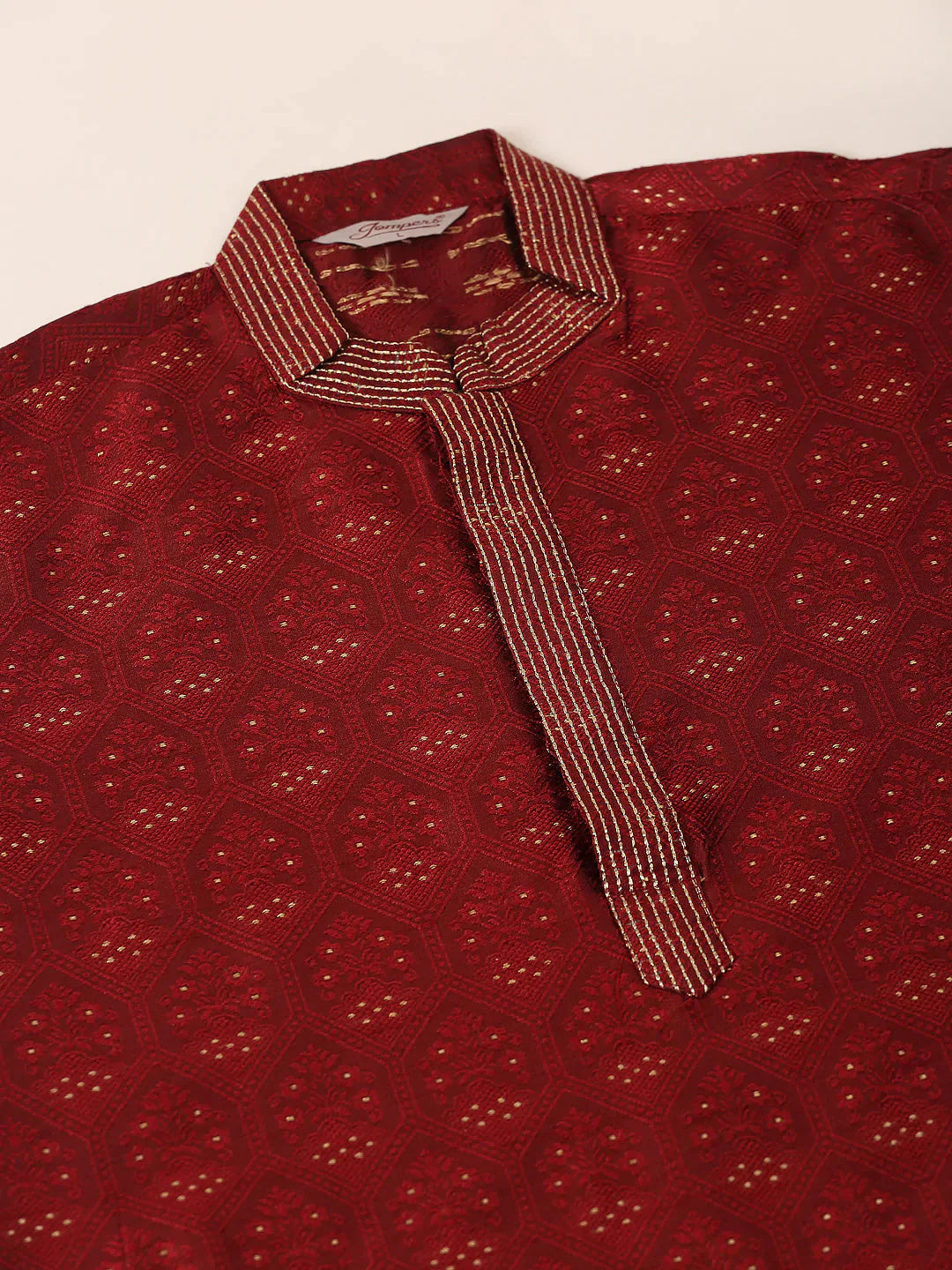 Jompers Men's Silk Blend Collar Embroidered Kurta Pyjama Set - Maroon