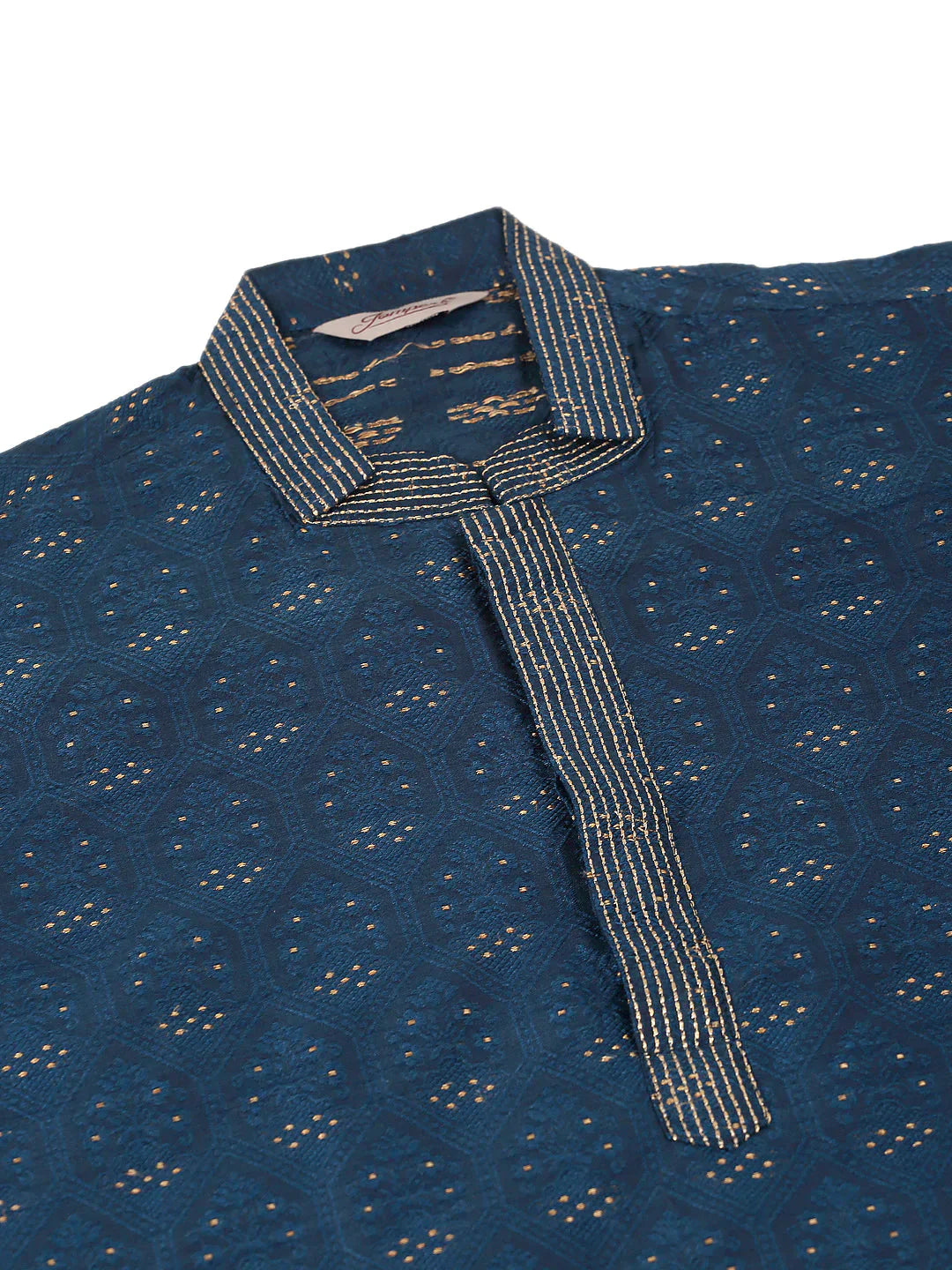 Jompers Men's Silk Blend Collar Embroidered Kurta Pyjama Set - Peacock