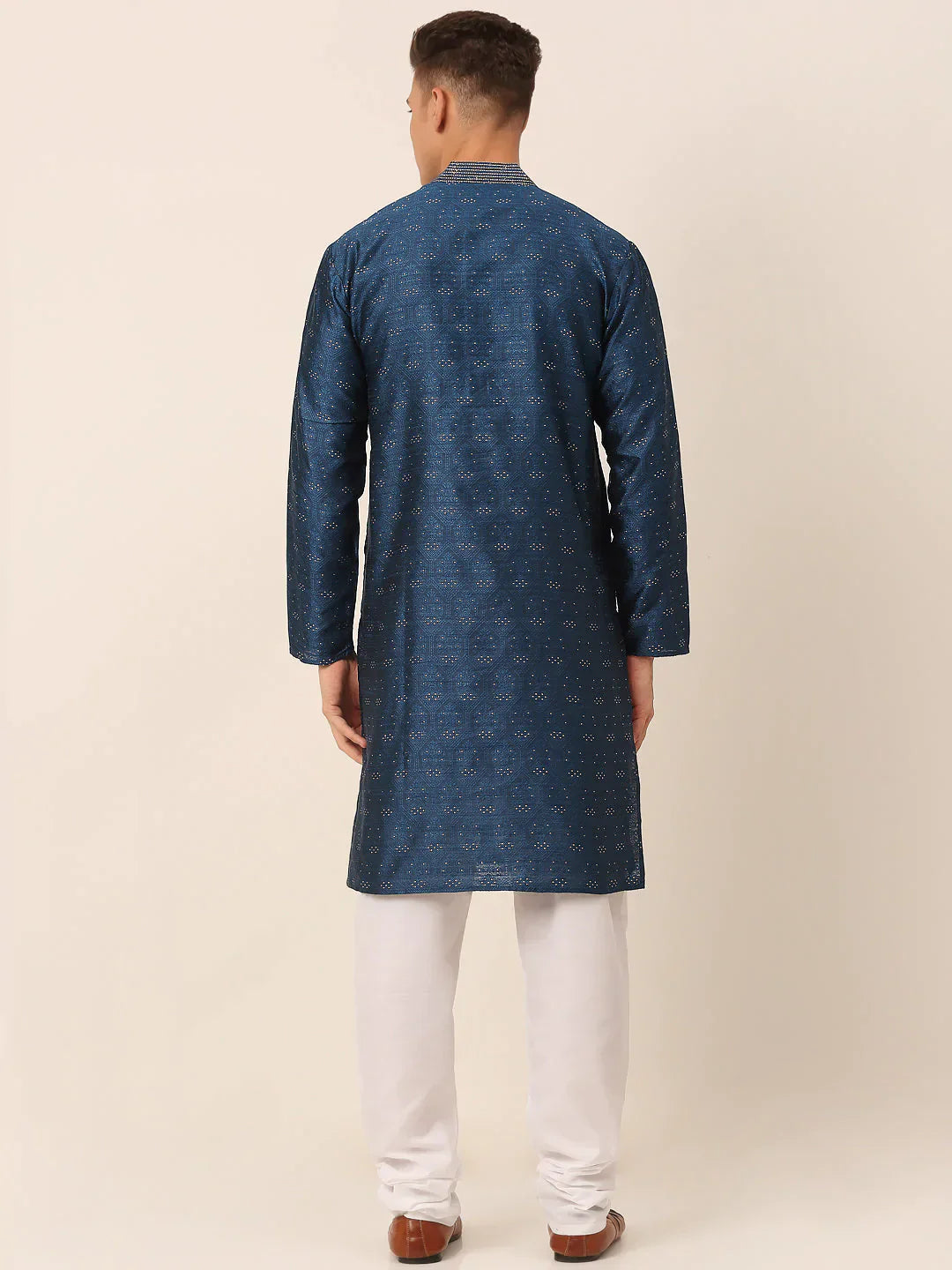 Jompers Men's Silk Blend Collar Embroidered Kurta Pyjama Set - Peacock