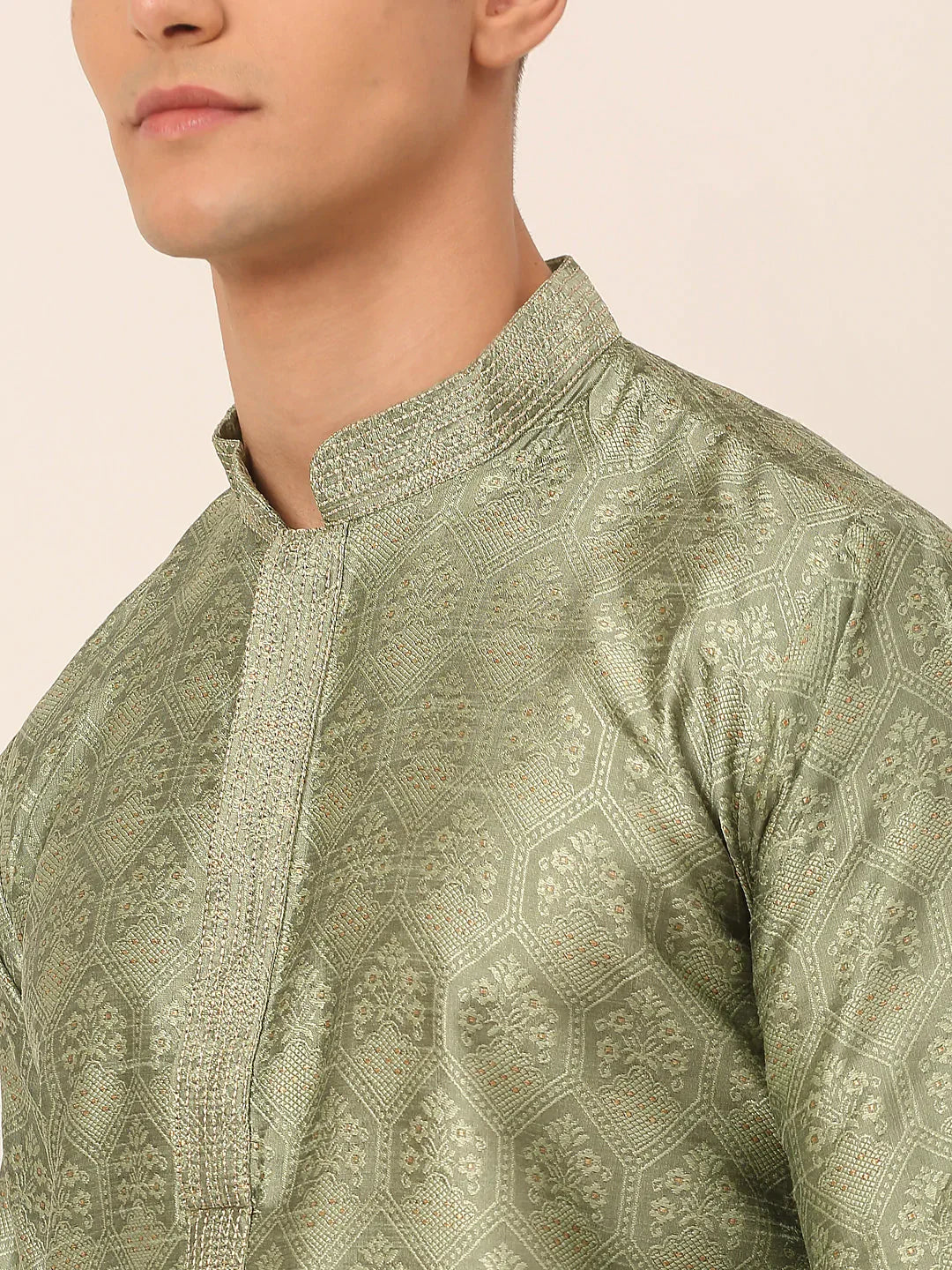Jompers Men's Silk Blend Collar Embroidered Kurta Pyjama Set - Pista
