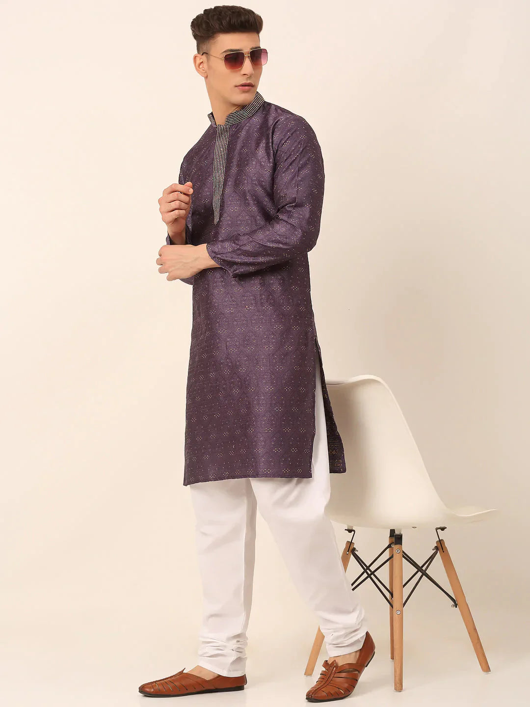 Jompers Men's Silk Blend Collar Embroidered Kurta Pyjama Set - Purple