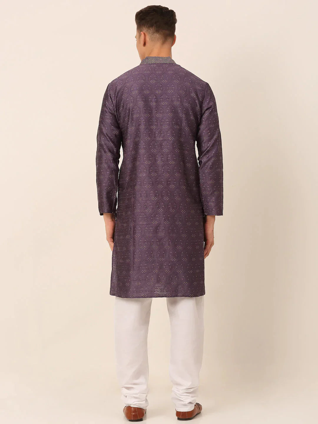 Jompers Men's Silk Blend Collar Embroidered Kurta Pyjama Set - Purple