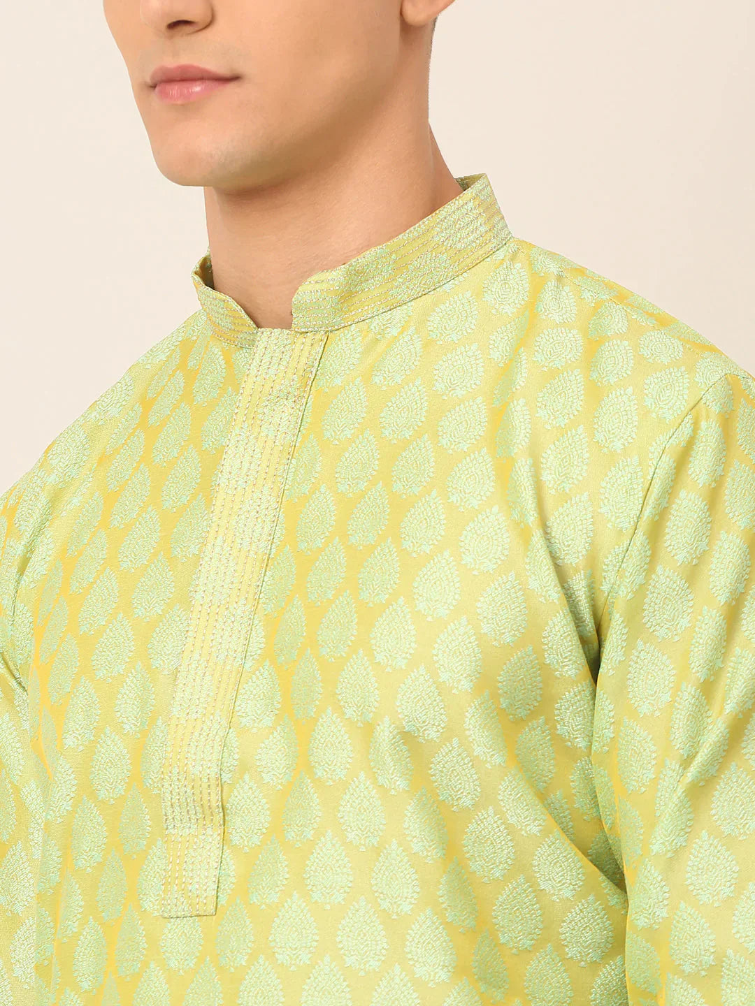 Jompers Men's Silk Blend Collar Embroidered Kurta Pyjama Set - Green