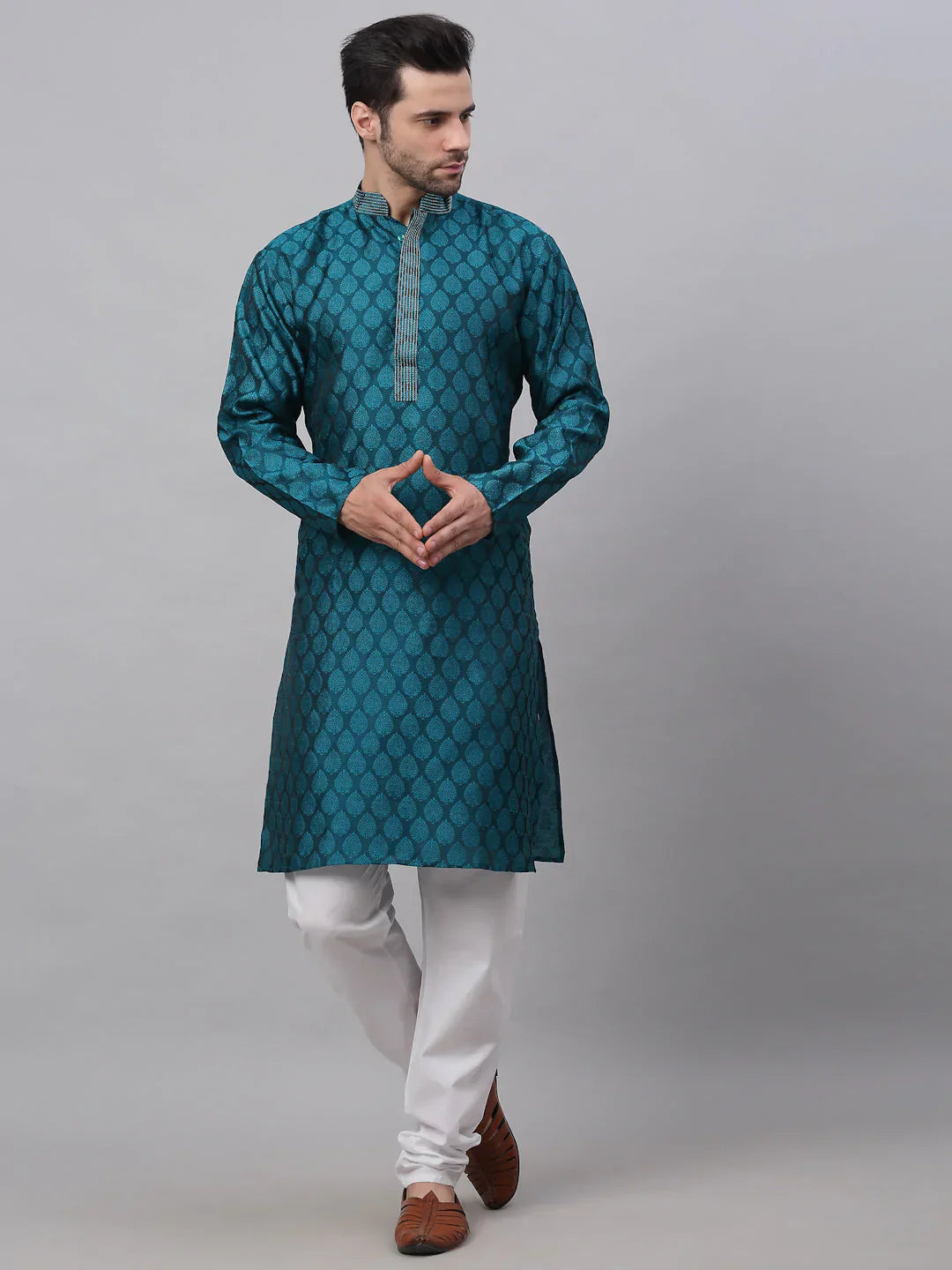 Jompers Men's Silk Blend Collar Embroidered Kurta Pyjama Set - Peacock