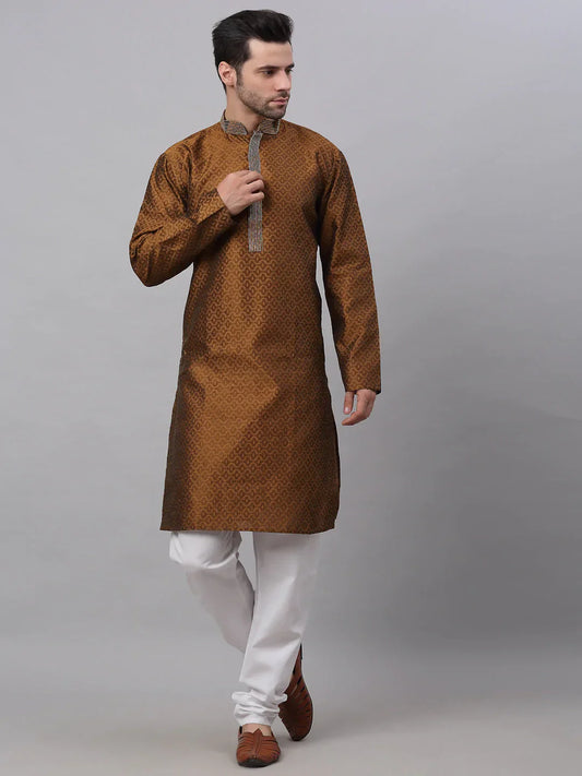 Jompers Men's Silk Blend Collar Embroidered Kurta Pyjama Set - Brown