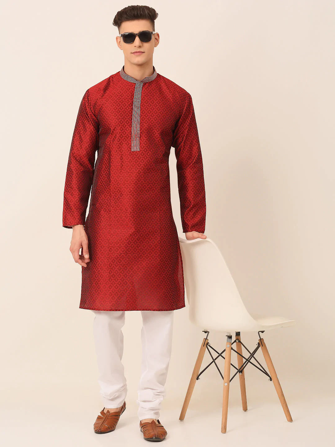 Jompers Men's Silk Blend Collar Embroidered Kurta Pyjama Set - Maroon