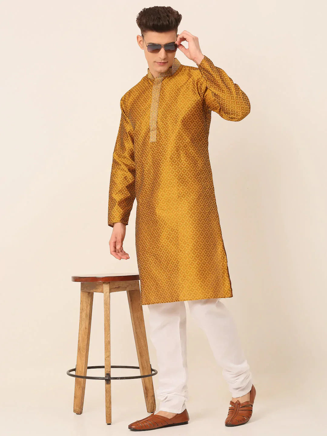 Jompers Men's Silk Blend Collar Embroidered Kurta Pyjama Set - Mustard