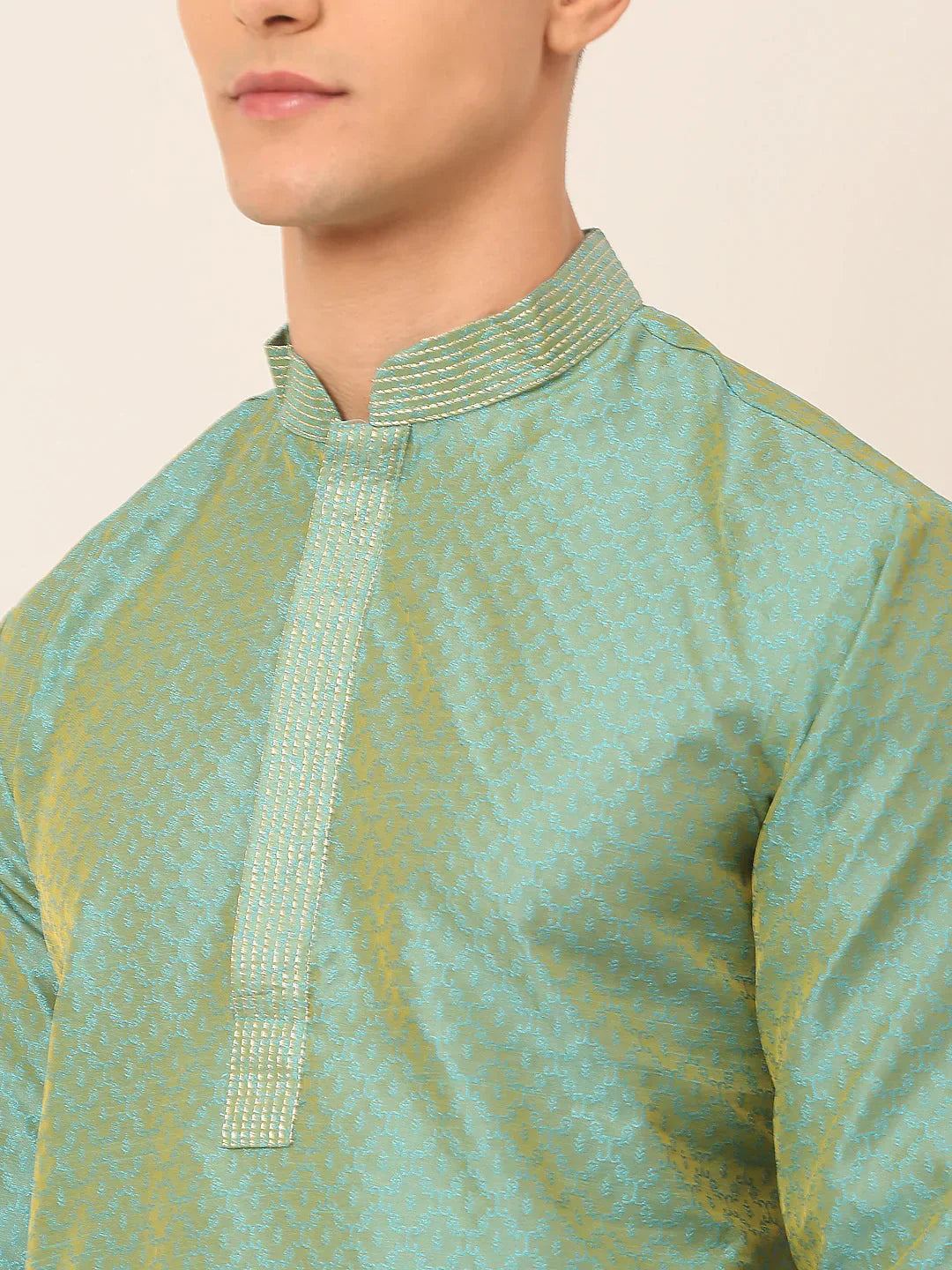 Jompers Men's Silk Blend Collar Embroidered Kurta Pyjama Set - Sea-Green