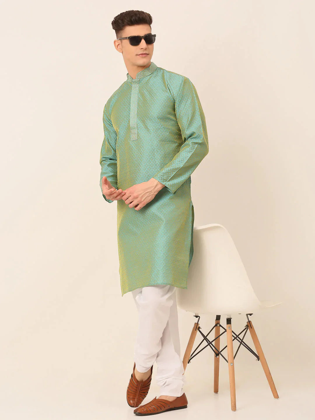 Jompers Men's Silk Blend Collar Embroidered Kurta Pyjama Set - Sea-Green