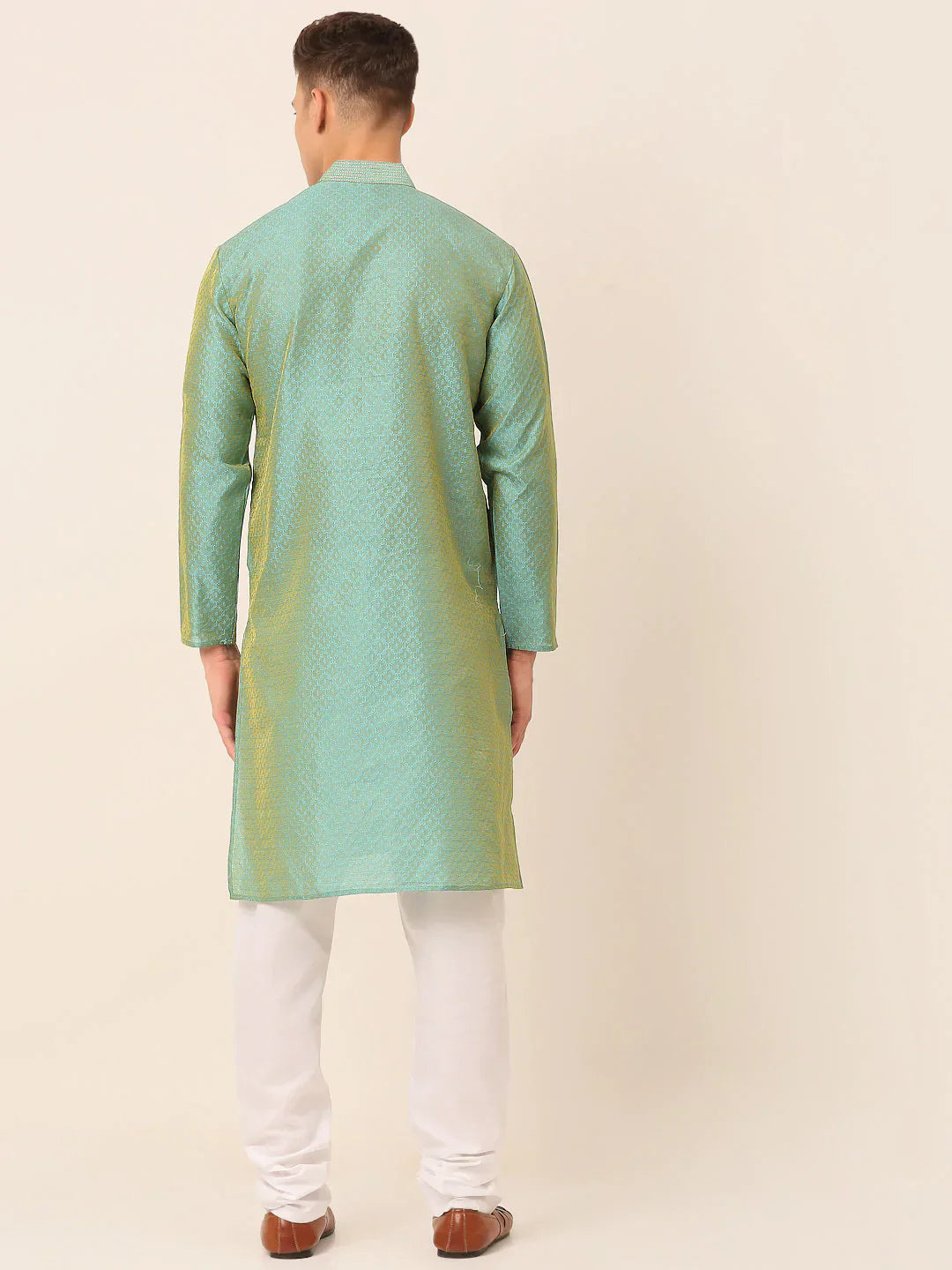 Jompers Men's Silk Blend Collar Embroidered Kurta Pyjama Set - Sea-Green