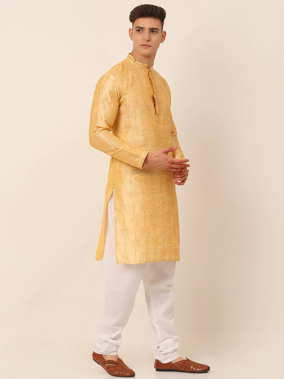 Jompers Men's Silk Blend Collar Embroidered Kurta Pyjama Set - Golden